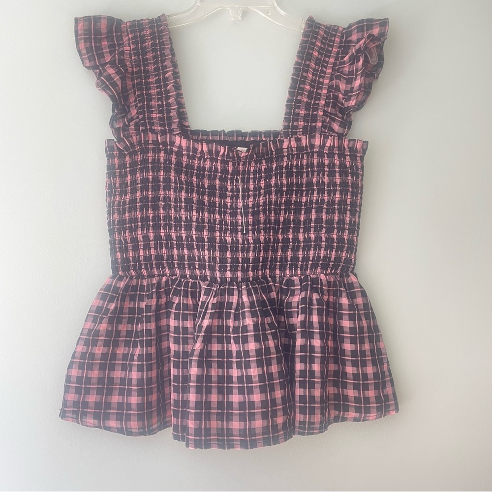 NWT River Island Pink and Black Plaid Smocked Top Peplum Skirt Size 12